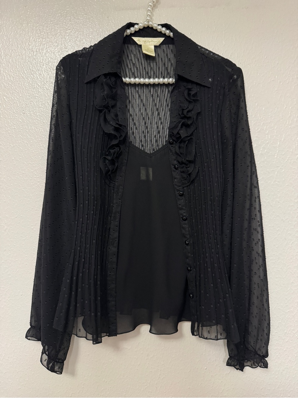 Sheer Black Ruffled Blouse with Camisole - Women's Top